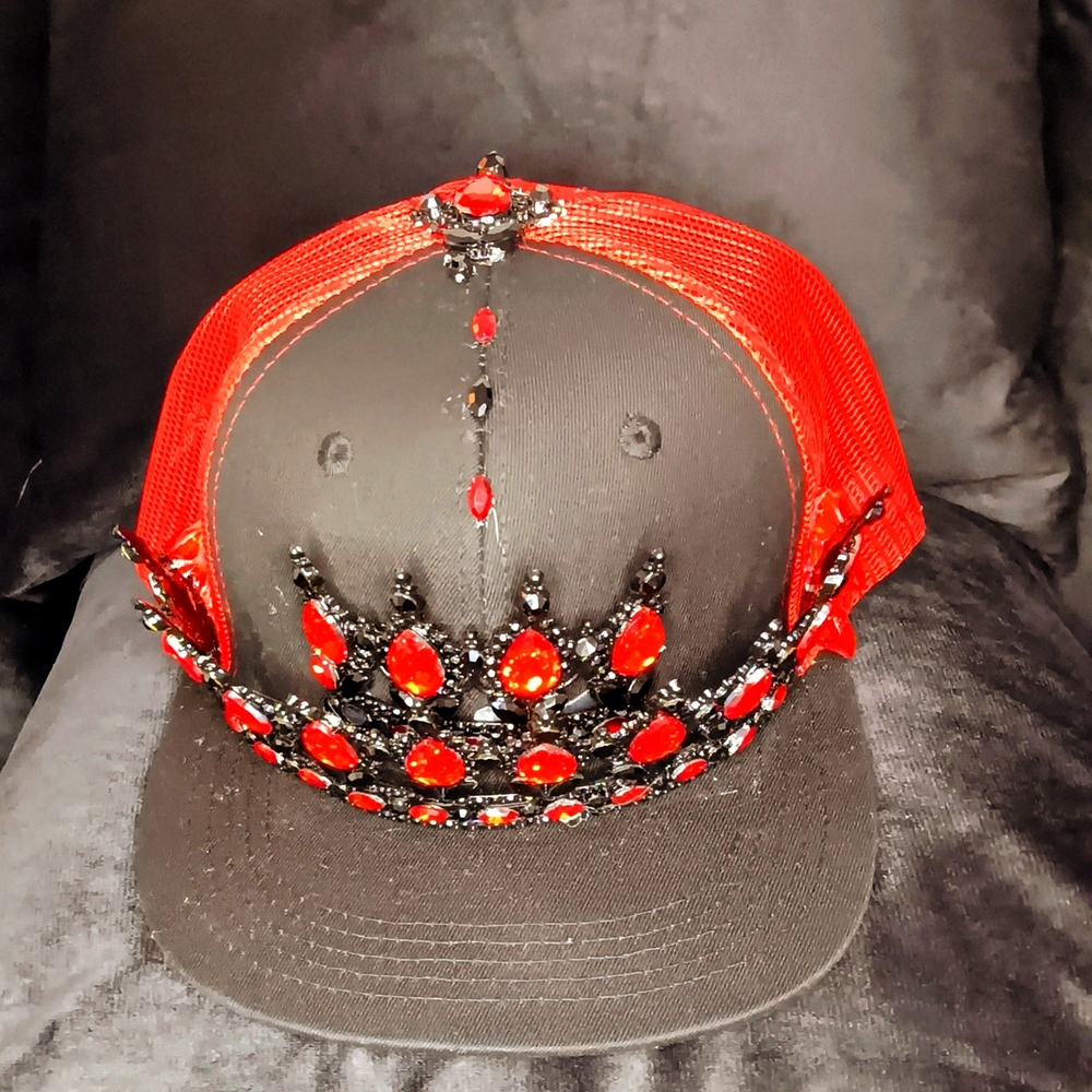 Red and Black Embellished Crown Cap